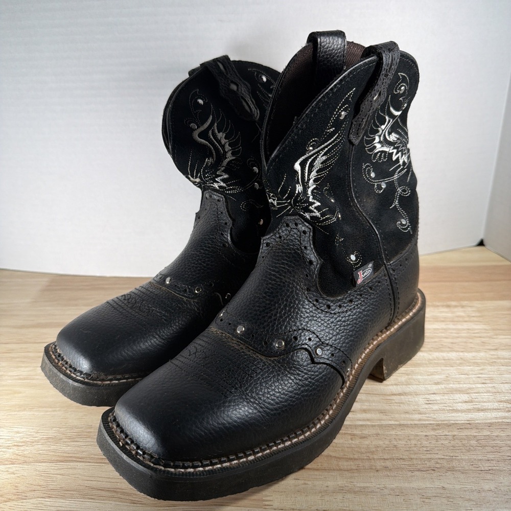 Justin Gypsy Cowboy Boots 8 B Square Toe Leather Black Western Rodeo Studded